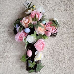 NEW SPRING / Easter Pink Peony Rose Eggs Natural Twig Cross Decoration / wreath